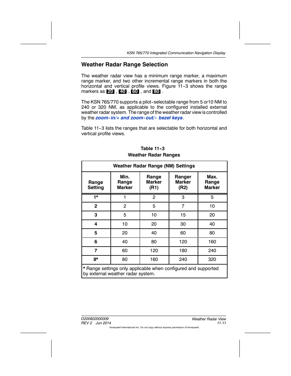 Table 11-3 weather radar ranges, Weather radar range selection | BendixKing KSN 770 - Pilots Guide User Manual | Page 246 / 467