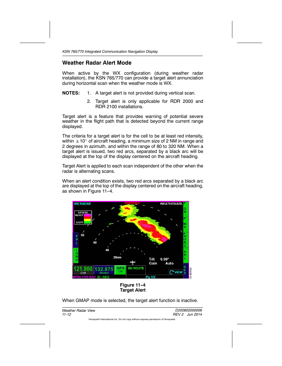 Figure 11-4 target alert, Weather radar alert mode | BendixKing KSN 770 - Pilots Guide User Manual | Page 247 / 467