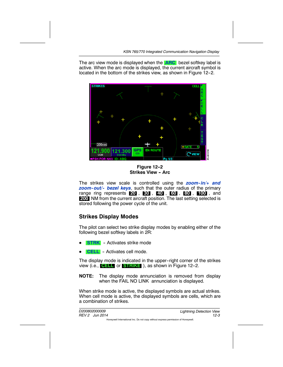 Figure 12-2 strikes view - arc, Strikes display modes | BendixKing KSN 770 - Pilots Guide User Manual | Page 252 / 467
