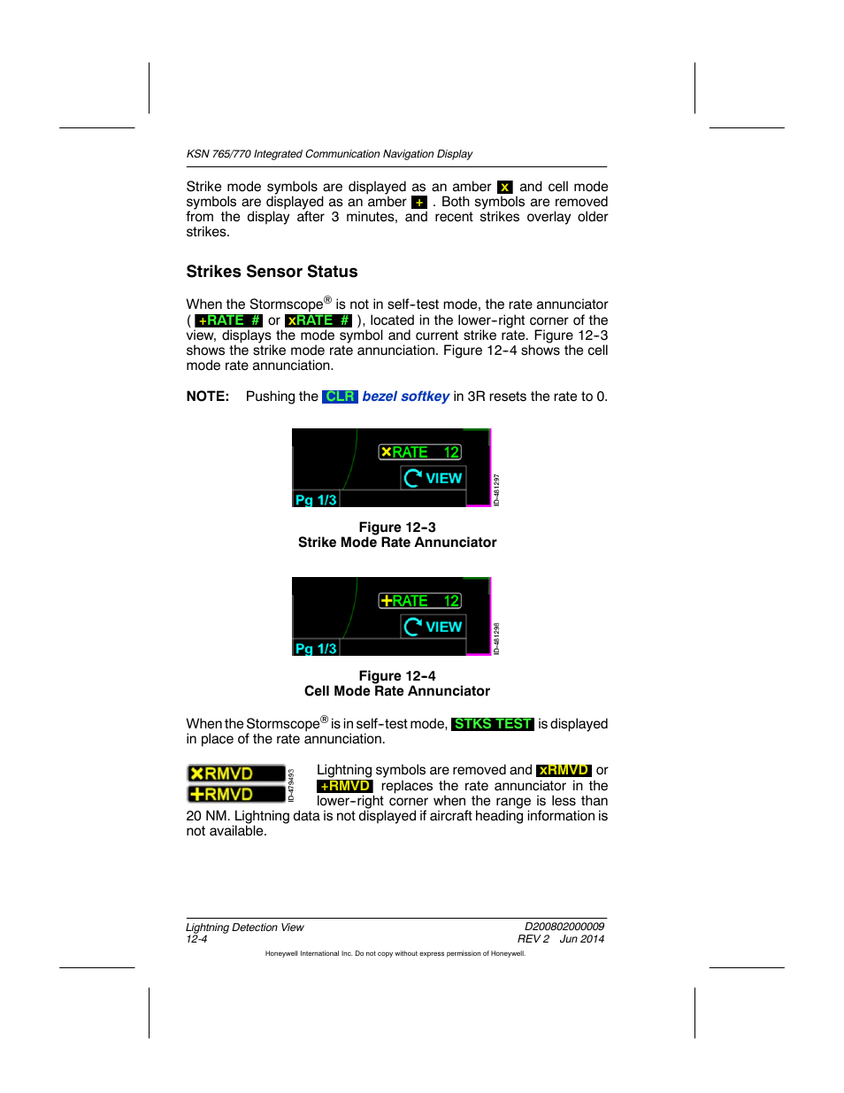 Figure 12-3 strike mode rate annunciator, Figure 12-4 cell mode rate annunciator, Strikes sensor status | BendixKing KSN 770 - Pilots Guide User Manual | Page 253 / 467