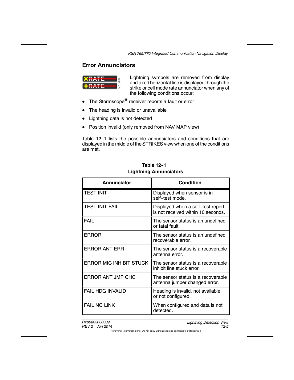 Table 12-1 lightning annunciators, Error annunciators | BendixKing KSN 770 - Pilots Guide User Manual | Page 254 / 467