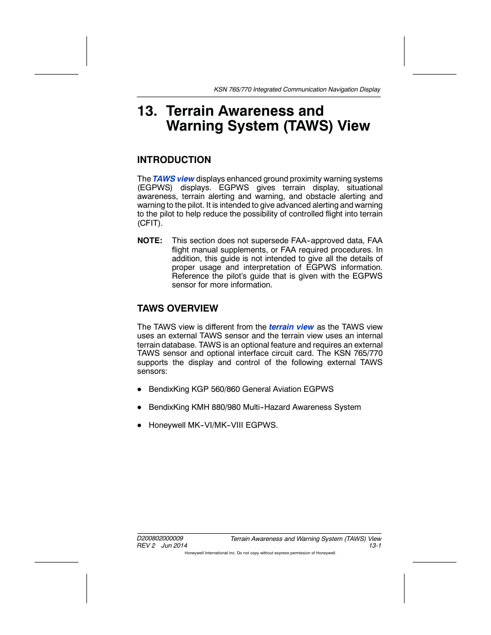 Terrain awareness and warning system (taws) view, Introduction, Taws overview | BendixKing KSN 770 - Pilots Guide User Manual | Page 256 / 467