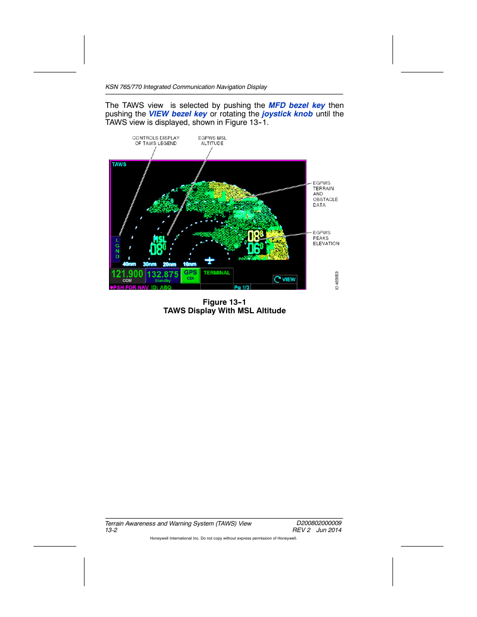Figure 13-1 taws display with msl altitude | BendixKing KSN 770 - Pilots Guide User Manual | Page 257 / 467