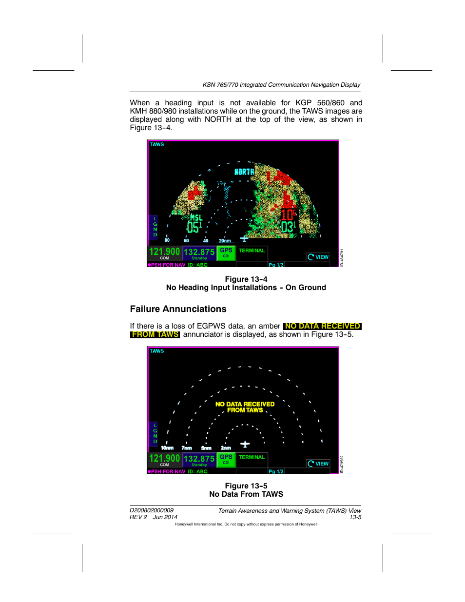 Figure 13-5 no data from taws, Failure annunciations | BendixKing KSN 770 - Pilots Guide User Manual | Page 260 / 467