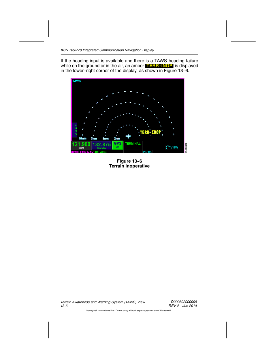 Figure 13-6 terrain inoperative | BendixKing KSN 770 - Pilots Guide User Manual | Page 261 / 467