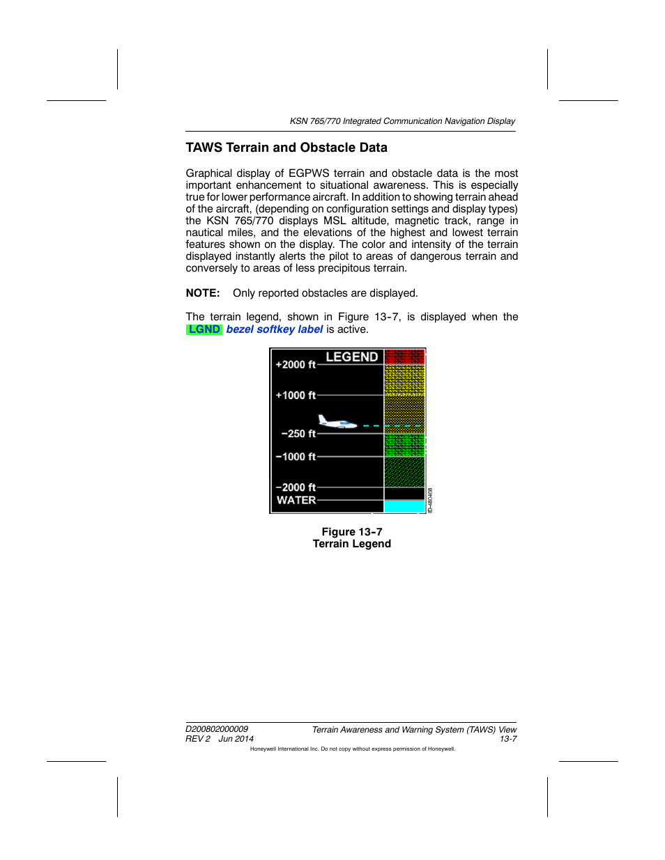 Figure 13-7 terrain legend, Taws terrain and obstacle data | BendixKing KSN 770 - Pilots Guide User Manual | Page 262 / 467