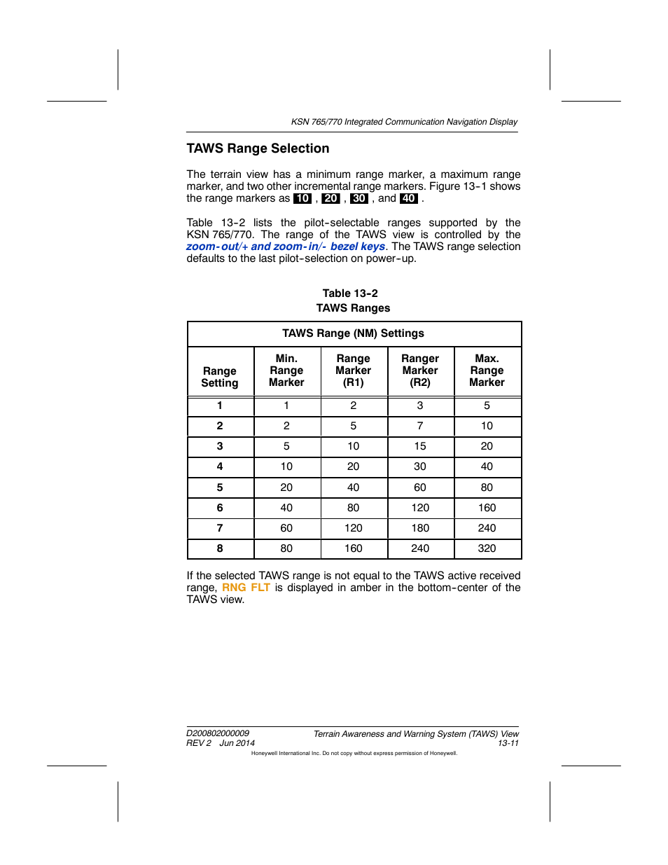 Table 13-2 taws ranges, Taws range selection | BendixKing KSN 770 - Pilots Guide User Manual | Page 266 / 467