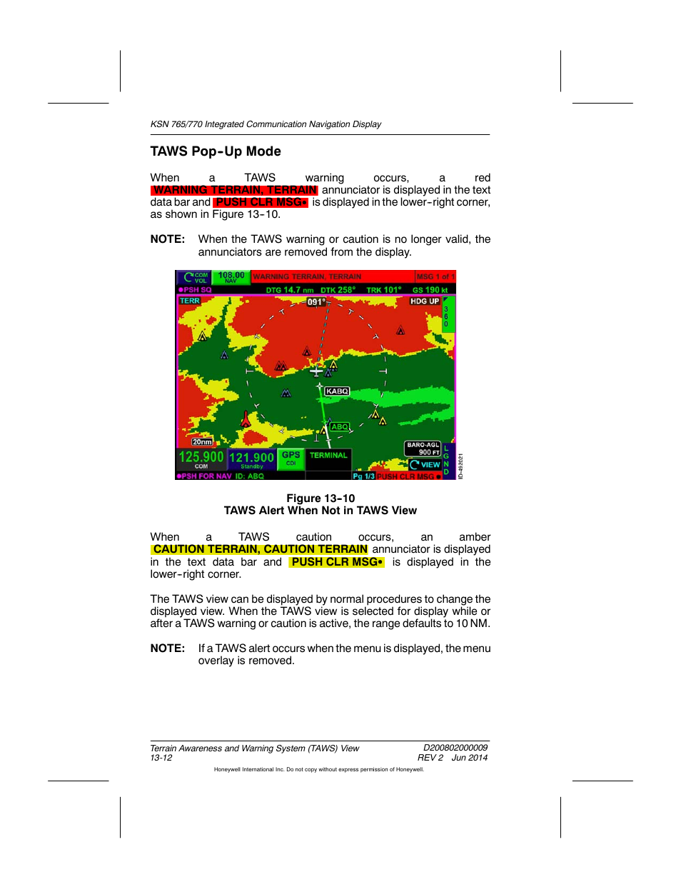 Figure 13-10 taws alert when not in taws view, Taws pop-up mode, Taws pop--up mode | BendixKing KSN 770 - Pilots Guide User Manual | Page 267 / 467