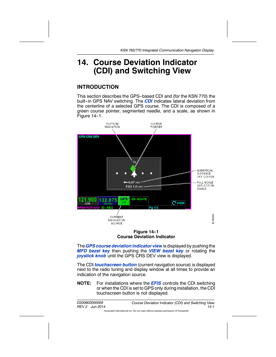 Figure 14-1 course deviation indicator, Introduction | BendixKing KSN 770 - Pilots Guide User Manual | Page 268 / 467