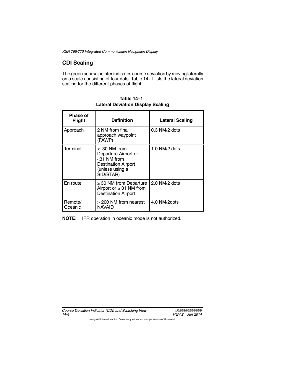 Table 14-1 lateral deviation display scaling, Cdi scaling | BendixKing KSN 770 - Pilots Guide User Manual | Page 271 / 467