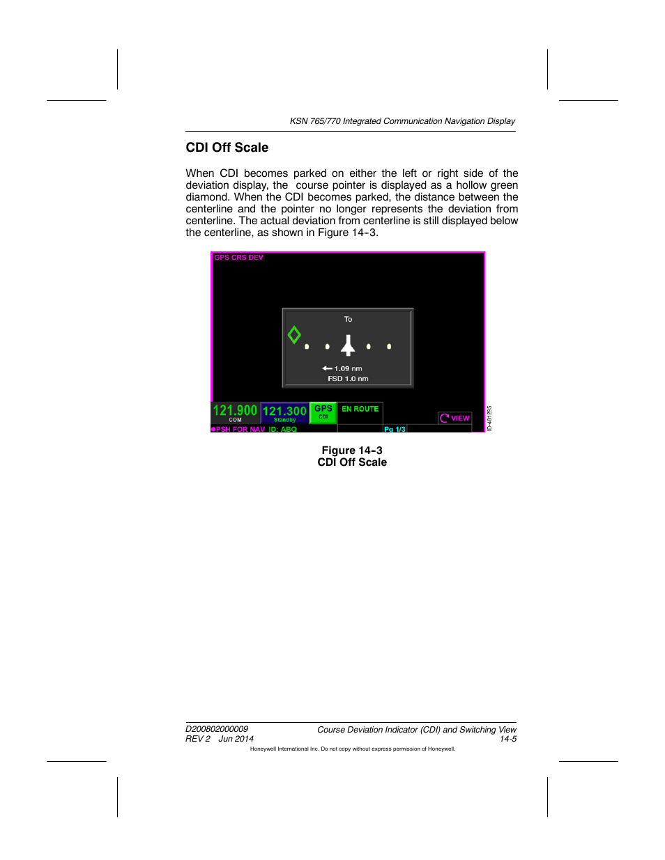 Figure 14-3 cdi off scale, Cdi off scale | BendixKing KSN 770 - Pilots Guide User Manual | Page 272 / 467