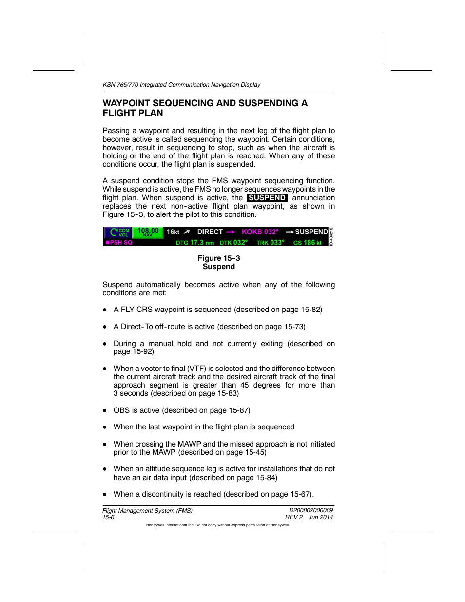 Figure 15-3 suspend, Waypoint sequencing and suspending a flight plan | BendixKing KSN 770 - Pilots Guide User Manual | Page 279 / 467