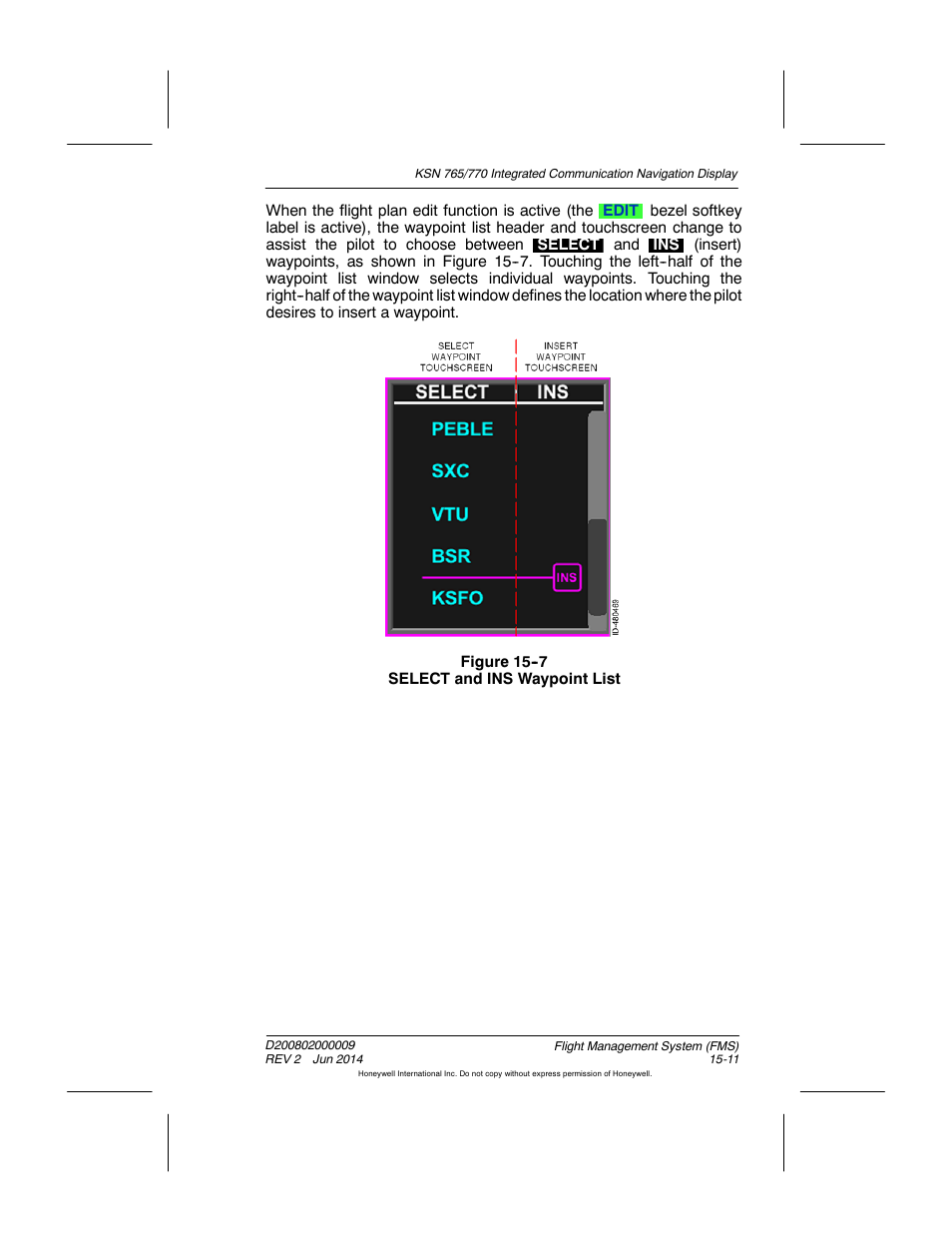 Figure 15-7 select and ins waypoint list | BendixKing KSN 770 - Pilots Guide User Manual | Page 284 / 467