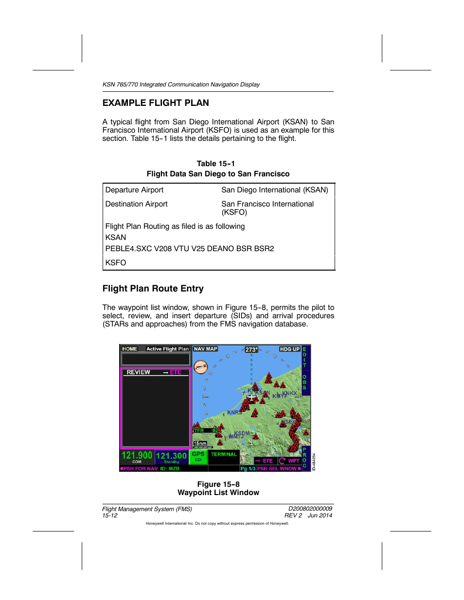 Figure 15-8 waypoint list window, Table 15-1 flight data san diego to san francisco, Example flight plan | Flight plan route entry | BendixKing KSN 770 - Pilots Guide User Manual | Page 285 / 467