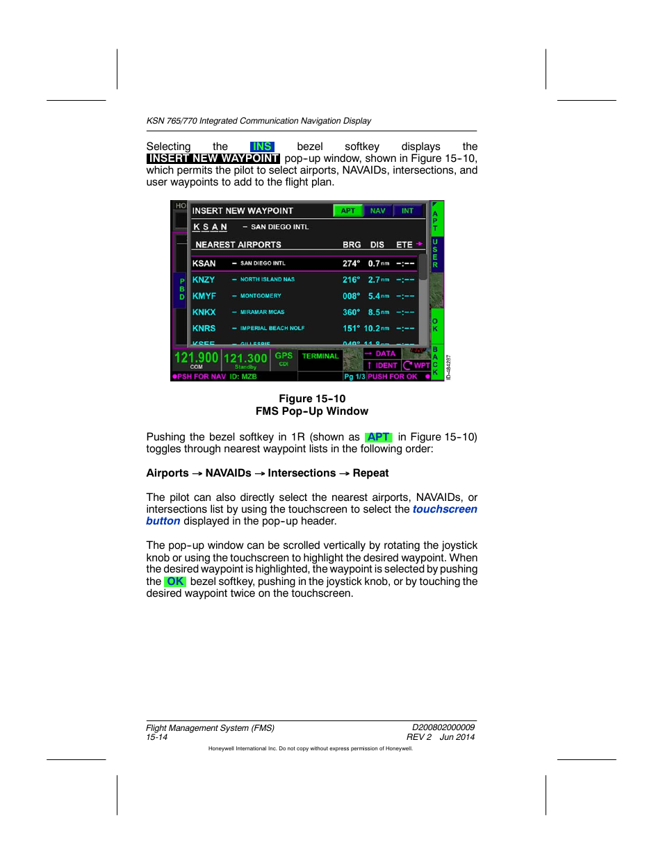 Figure 15-10 fms pop-up window | BendixKing KSN 770 - Pilots Guide User Manual | Page 287 / 467