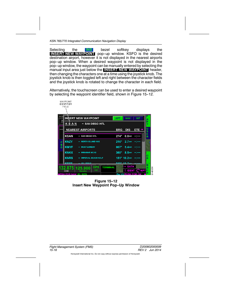 Figure 15-12 insert new waypoint pop-up window | BendixKing KSN 770 - Pilots Guide User Manual | Page 289 / 467
