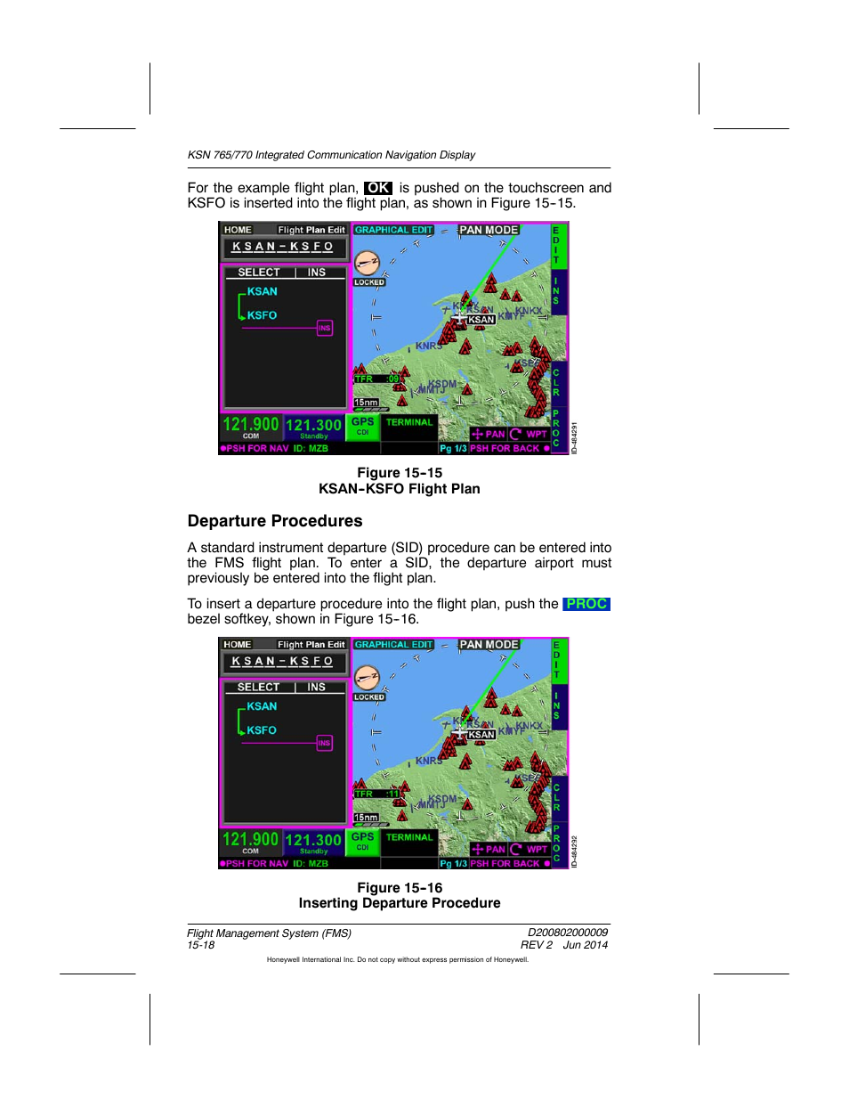 Figure 15-15 ksan-ksfo flight plan, Figure 15-16 inserting departure procedure, Departure procedures | BendixKing KSN 770 - Pilots Guide User Manual | Page 291 / 467