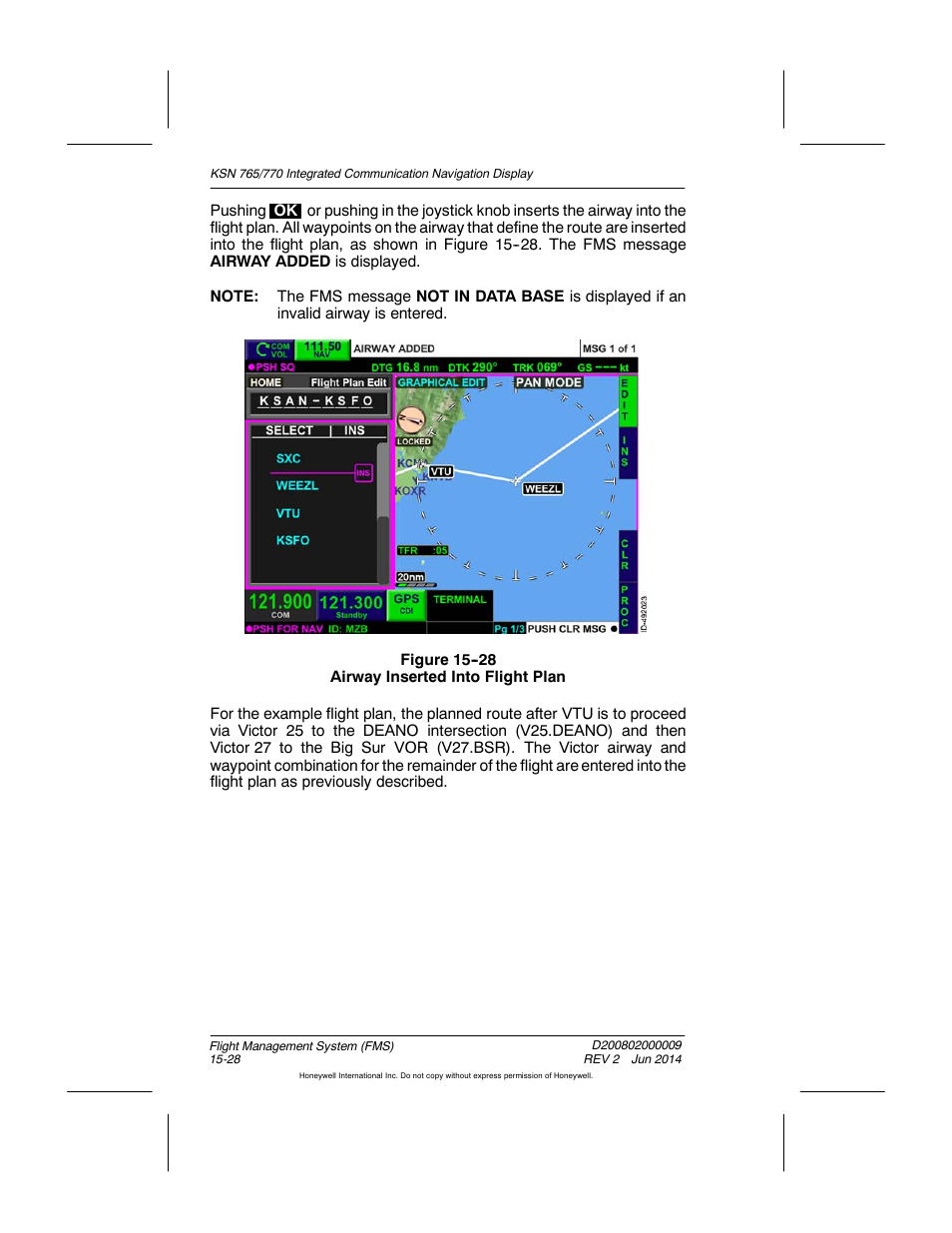 Figure 15-28 airway inserted into flight plan | BendixKing KSN 770 - Pilots Guide User Manual | Page 301 / 467