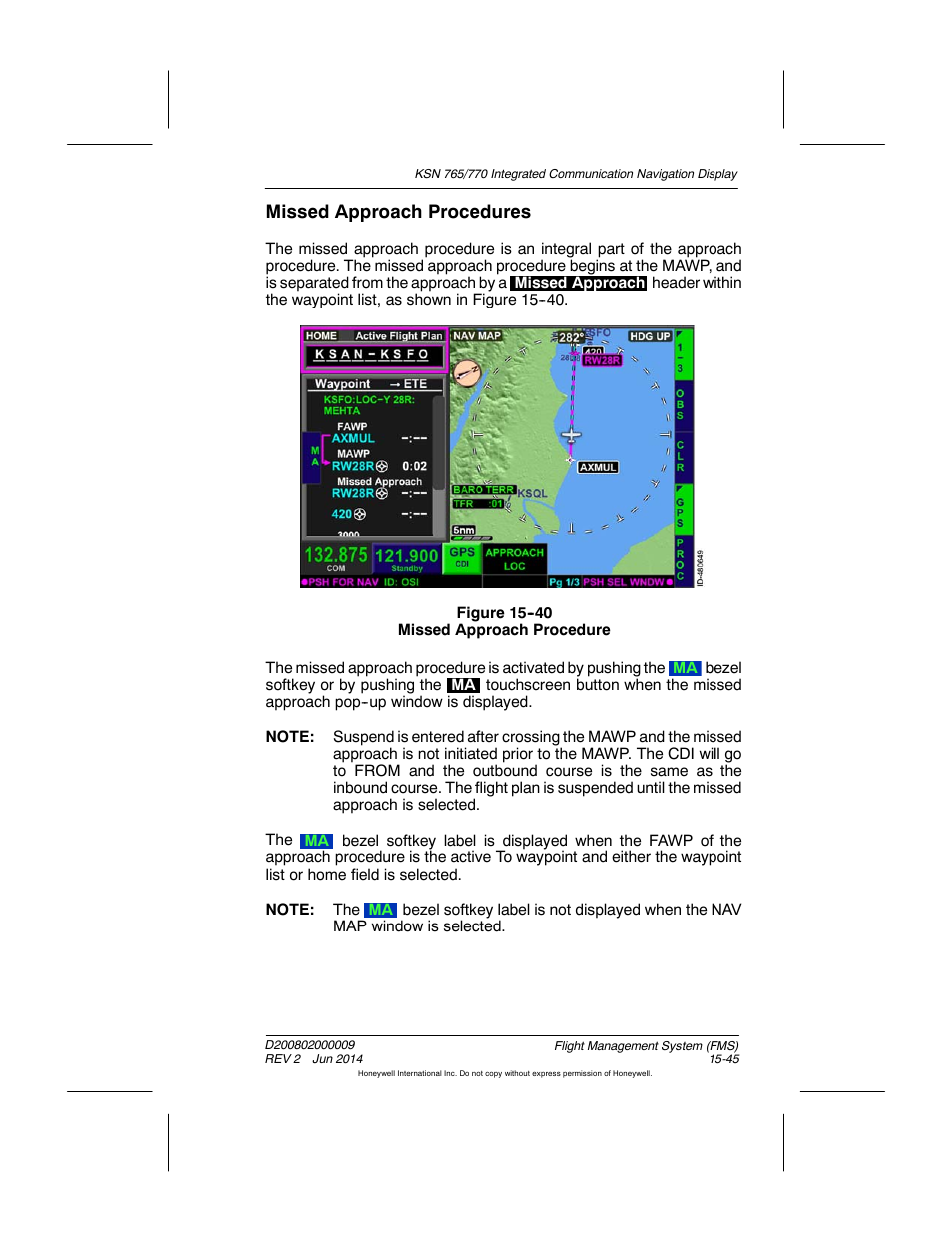 Figure 15-40 missed approach procedure, Missed approach procedures | BendixKing KSN 770 - Pilots Guide User Manual | Page 318 / 467