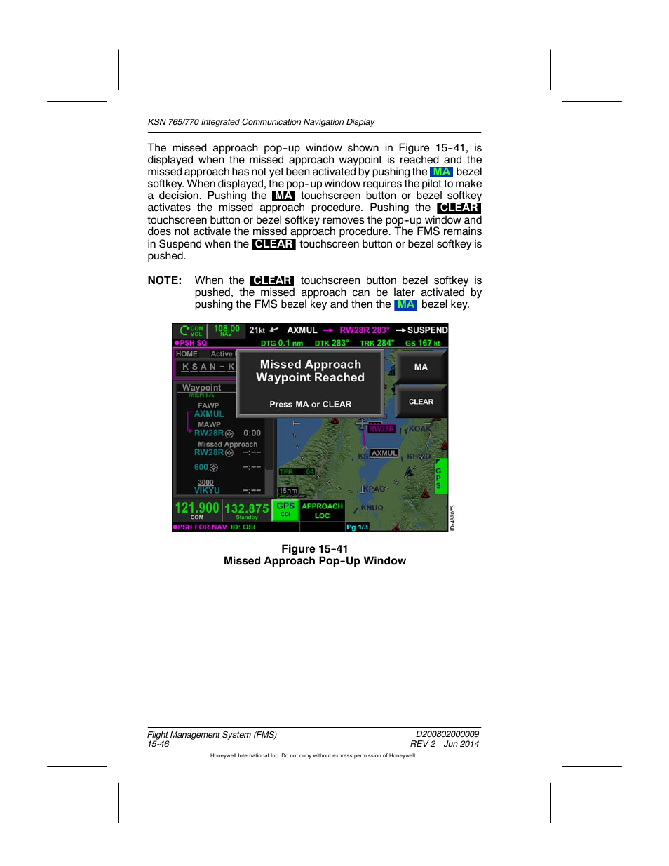 Figure 15-41 missed approach pop-up window | BendixKing KSN 770 - Pilots Guide User Manual | Page 319 / 467