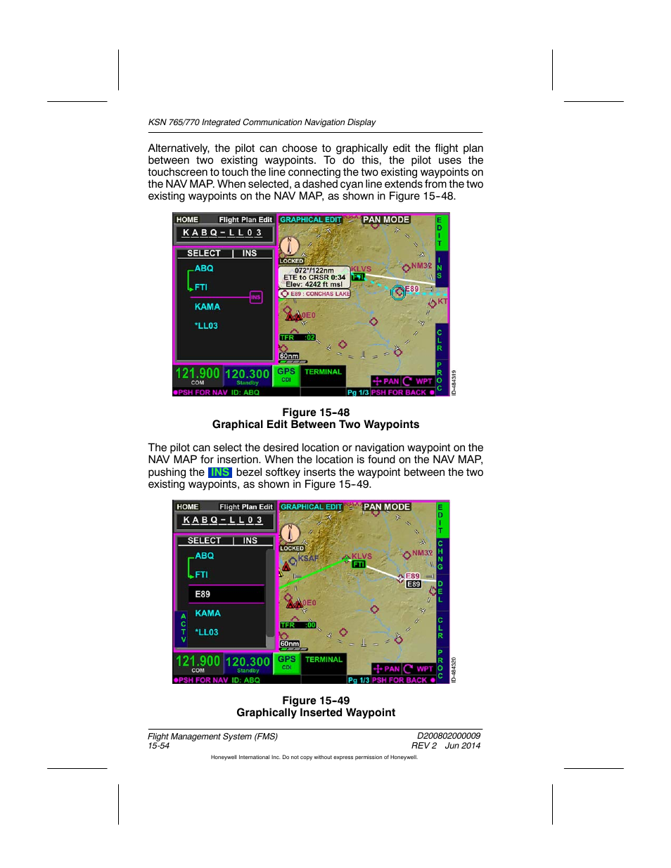 Figure 15-48 graphical edit between two waypoints, Figure 15-49 graphically inserted waypoint | BendixKing KSN 770 - Pilots Guide User Manual | Page 327 / 467