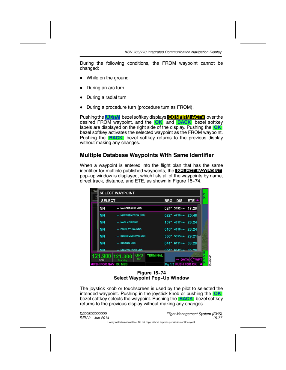 Figure 15-74 select waypoint pop-up window, Multiple database waypoints with same identifier | BendixKing KSN 770 - Pilots Guide User Manual | Page 350 / 467