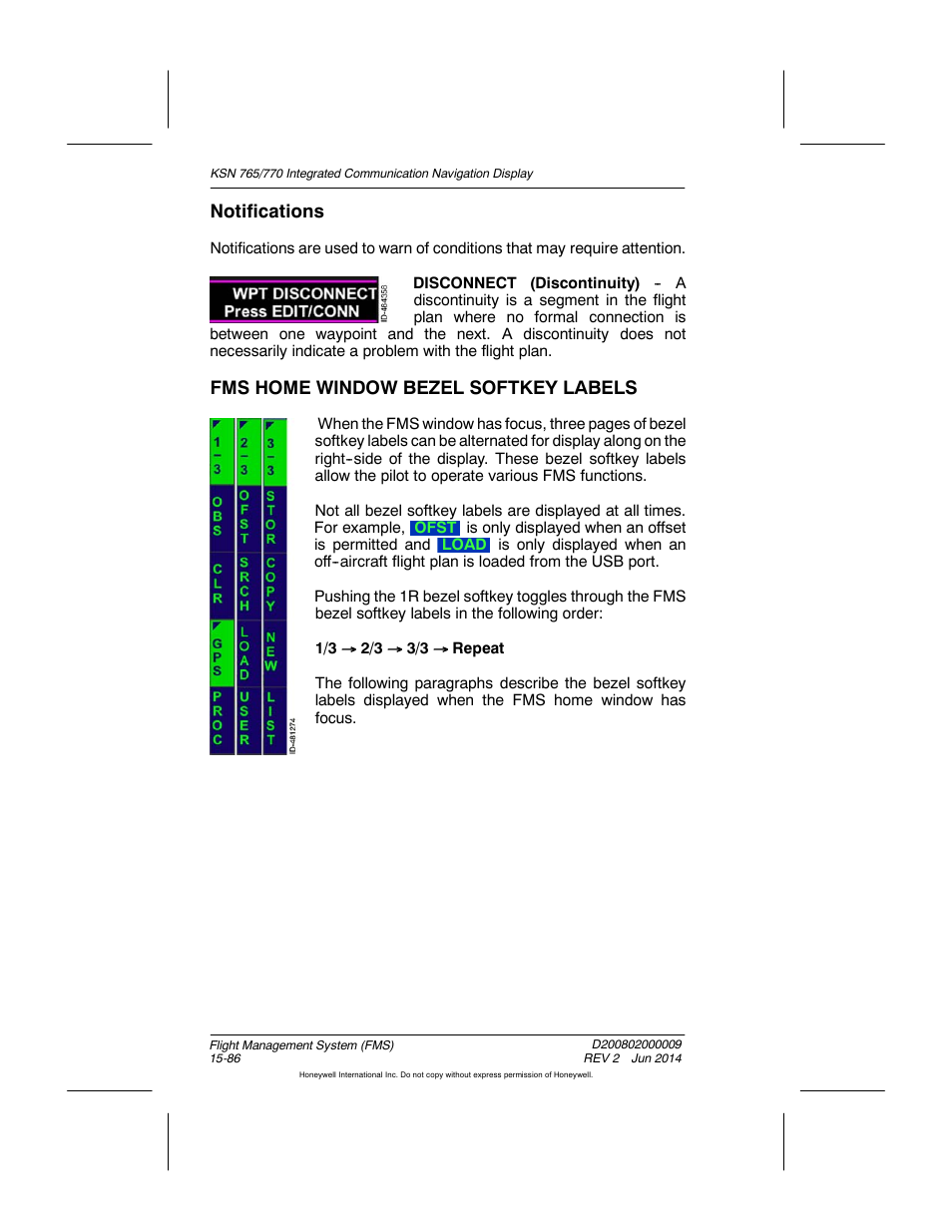 Notifications, Fms home window bezel softkey labels | BendixKing KSN 770 - Pilots Guide User Manual | Page 359 / 467