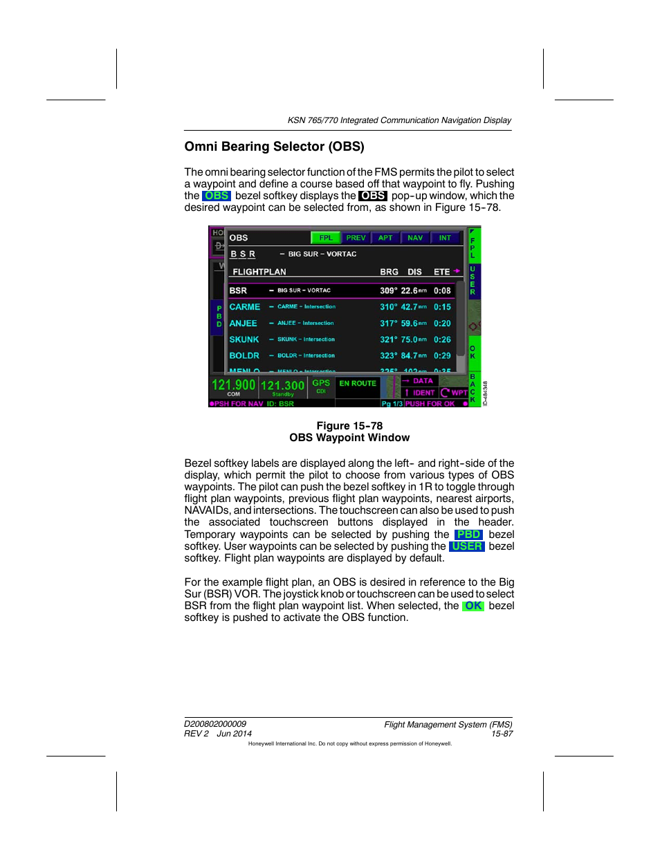 Figure 15-78 obs waypoint window, Omni bearing selector (obs) | BendixKing KSN 770 - Pilots Guide User Manual | Page 360 / 467