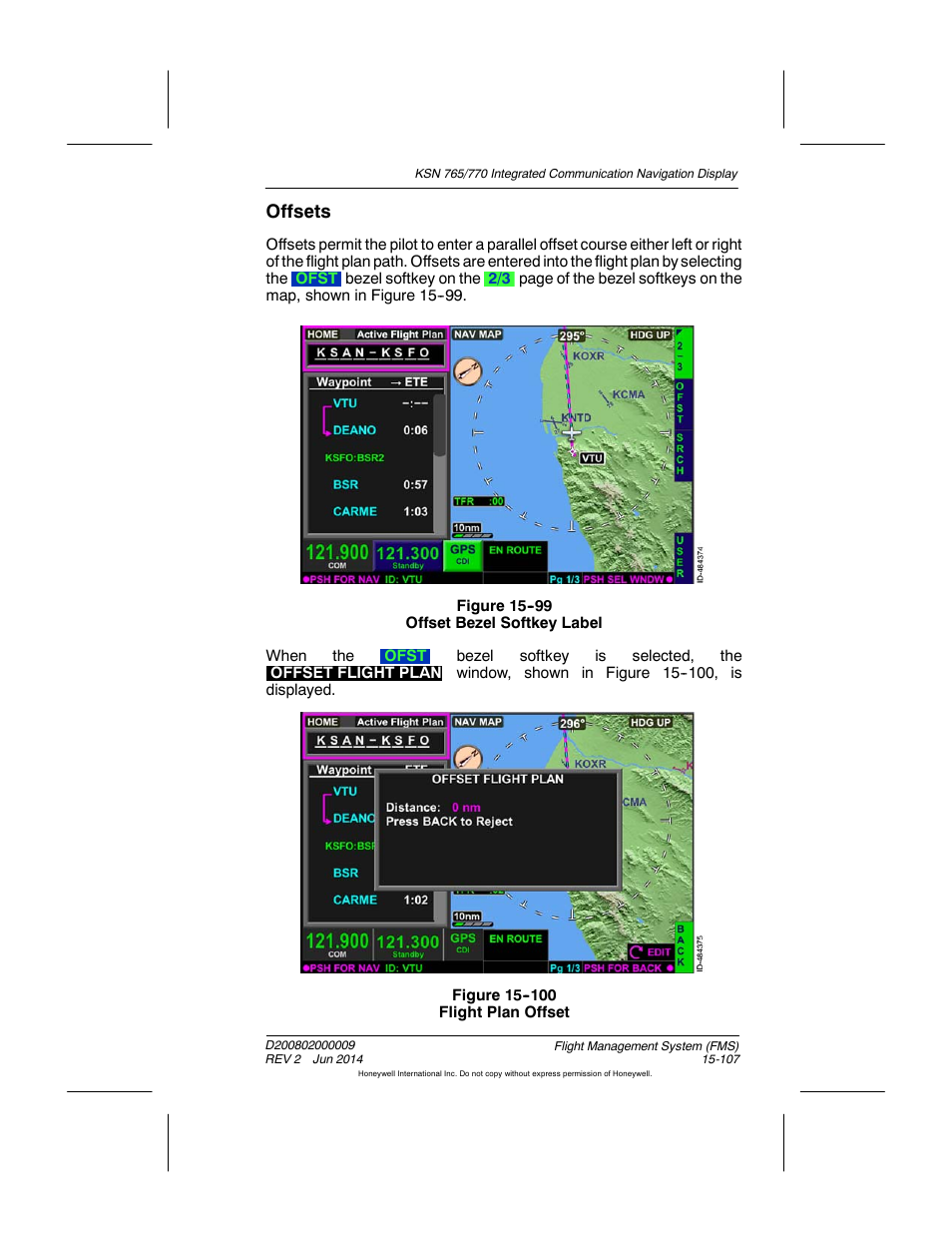 Figure 15-99 offset bezel softkey label, Figure 15-100 flight plan offset, Offsets | BendixKing KSN 770 - Pilots Guide User Manual | Page 380 / 467