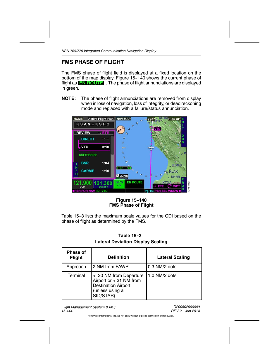 Figure 15-140 fms phase of flight, Table 15-3 lateral deviation display scaling, Fms phase of flight | BendixKing KSN 770 - Pilots Guide User Manual | Page 417 / 467