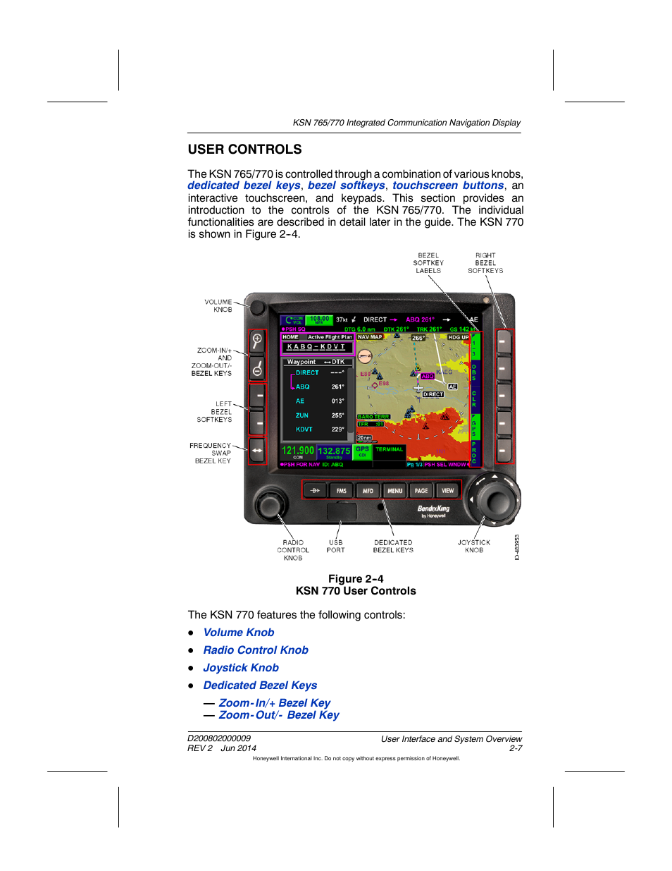 Figure 2-4 ksn 770 user controls, User controls | BendixKing KSN 770 - Pilots Guide User Manual | Page 43 / 467