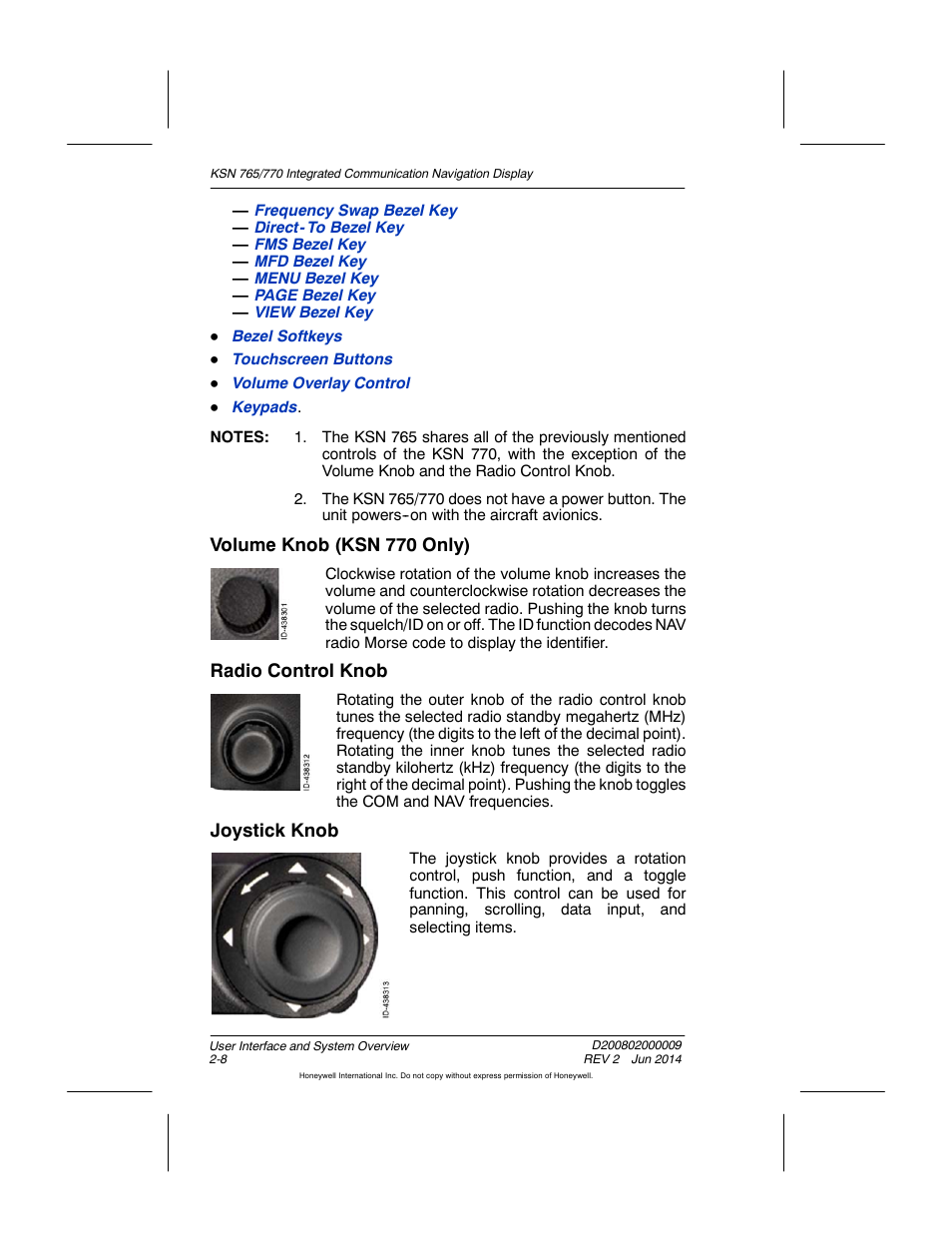 Volume knob (ksn 770 only), Radio control knob, Joystick knob | BendixKing KSN 770 - Pilots Guide User Manual | Page 44 / 467