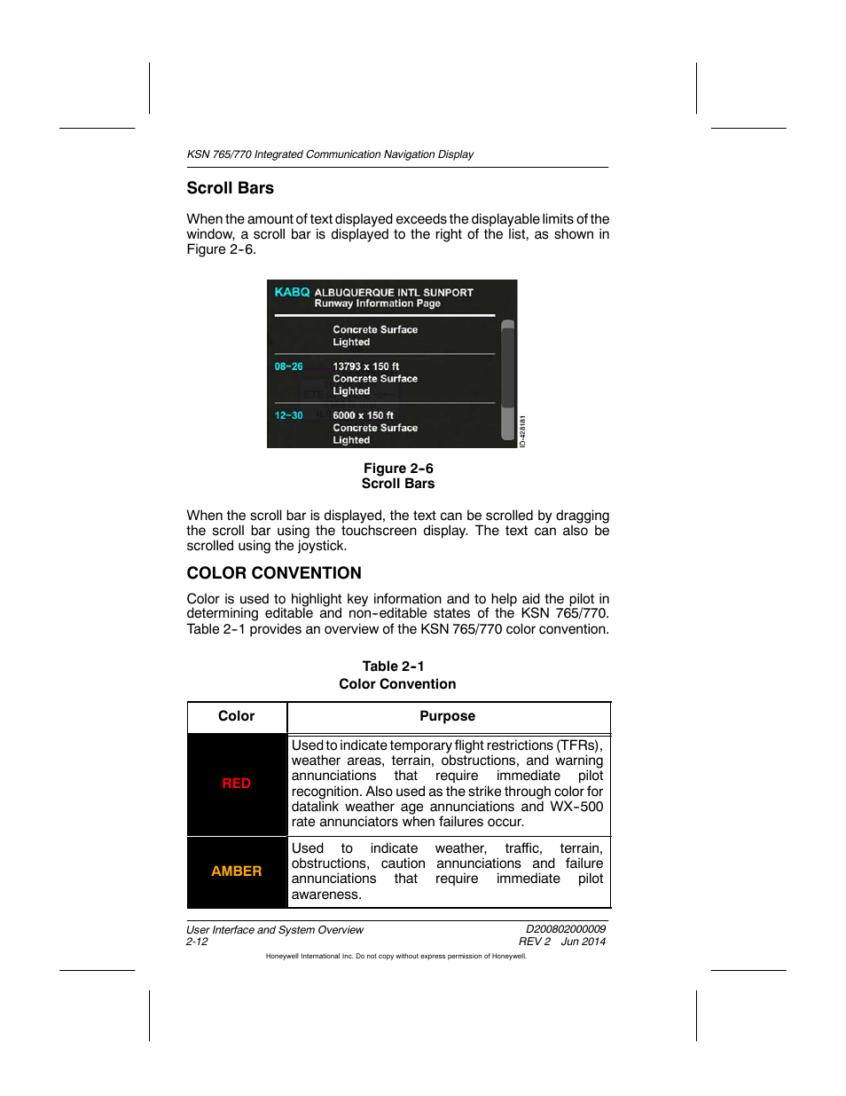 Figure 2-6 scroll bars, Table 2-1 color convention, Scroll bars | Color convention | BendixKing KSN 770 - Pilots Guide User Manual | Page 48 / 467