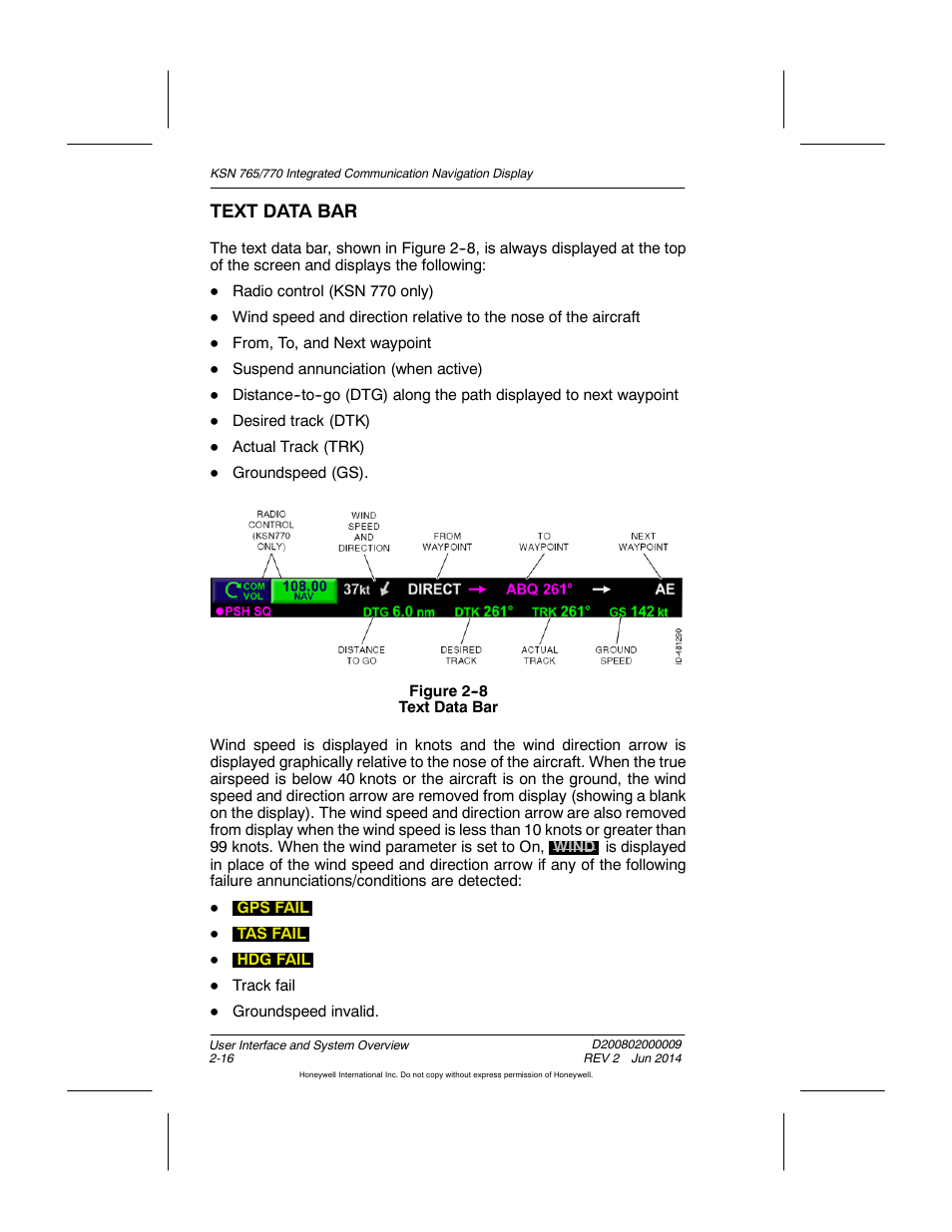 Figure 2-8 text data bar, Text data bar | BendixKing KSN 770 - Pilots Guide User Manual | Page 52 / 467