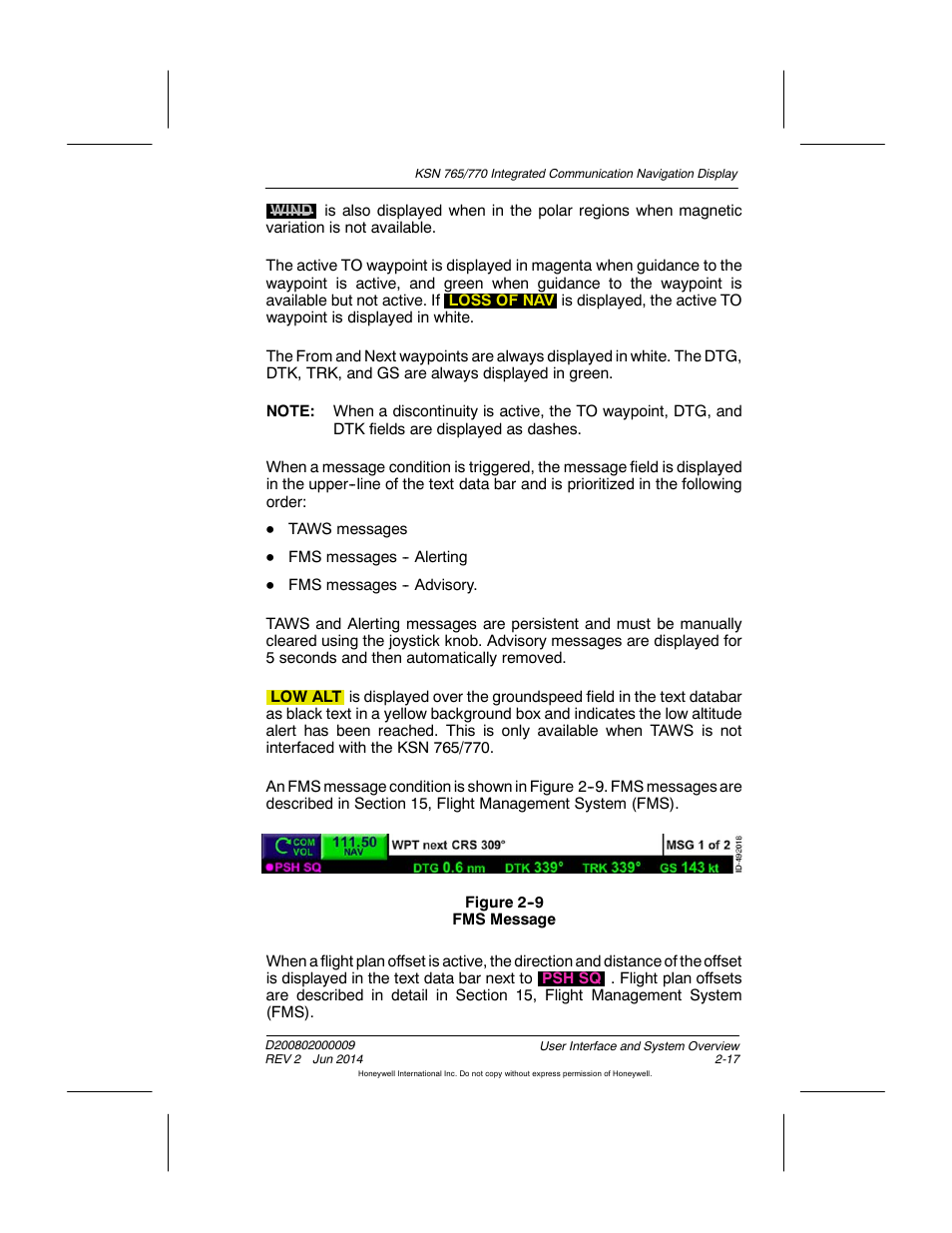 Figure 2-9 fms message | BendixKing KSN 770 - Pilots Guide User Manual | Page 53 / 467