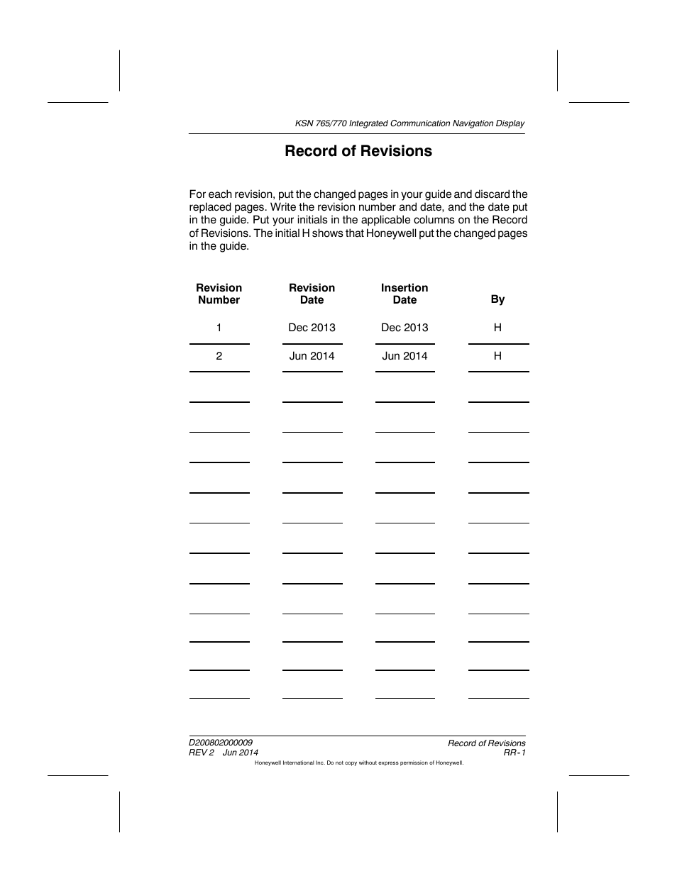 Record of revisions | BendixKing KSN 770 - Pilots Guide User Manual | Page 6 / 467