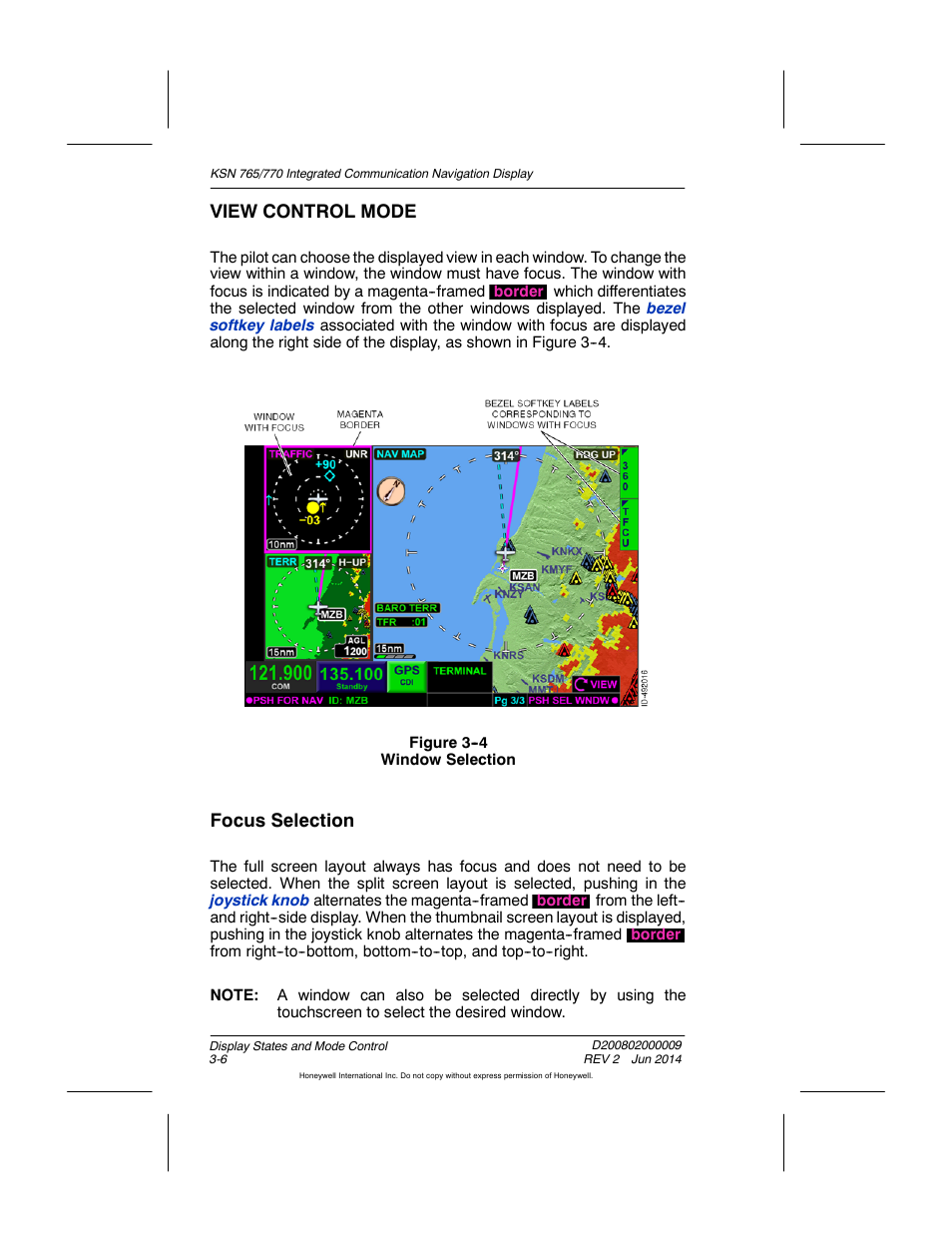 Figure 3-4 window selection, View control mode, Focus selection | BendixKing KSN 770 - Pilots Guide User Manual | Page 62 / 467
