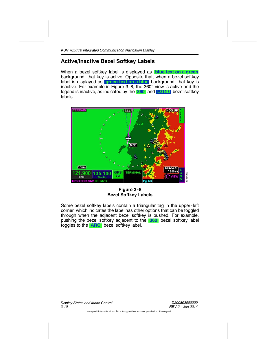 Figure 3-8 bezel softkey labels, Active/inactive bezel softkey labels | BendixKing KSN 770 - Pilots Guide User Manual | Page 66 / 467
