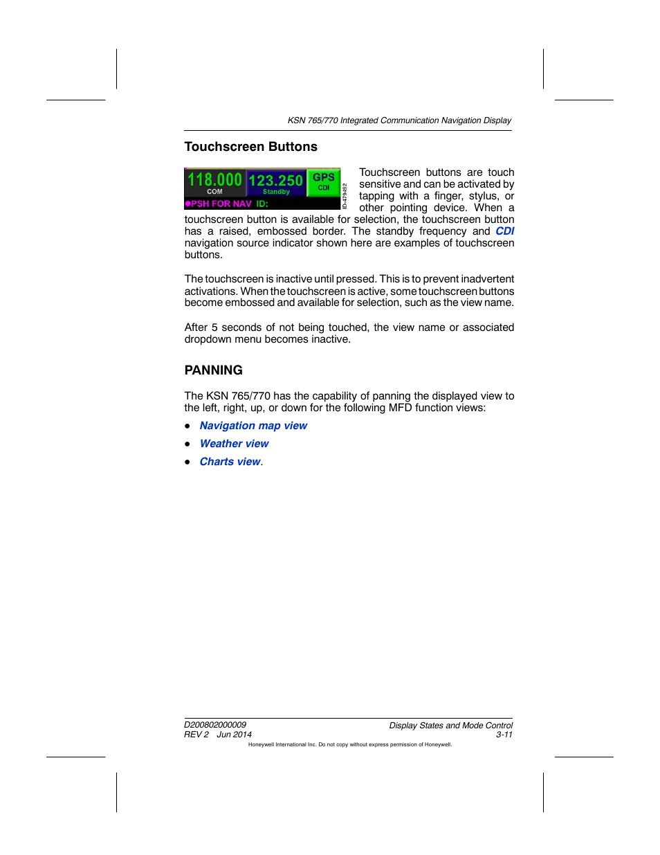 Touchscreen buttons, Panning | BendixKing KSN 770 - Pilots Guide User Manual | Page 67 / 467