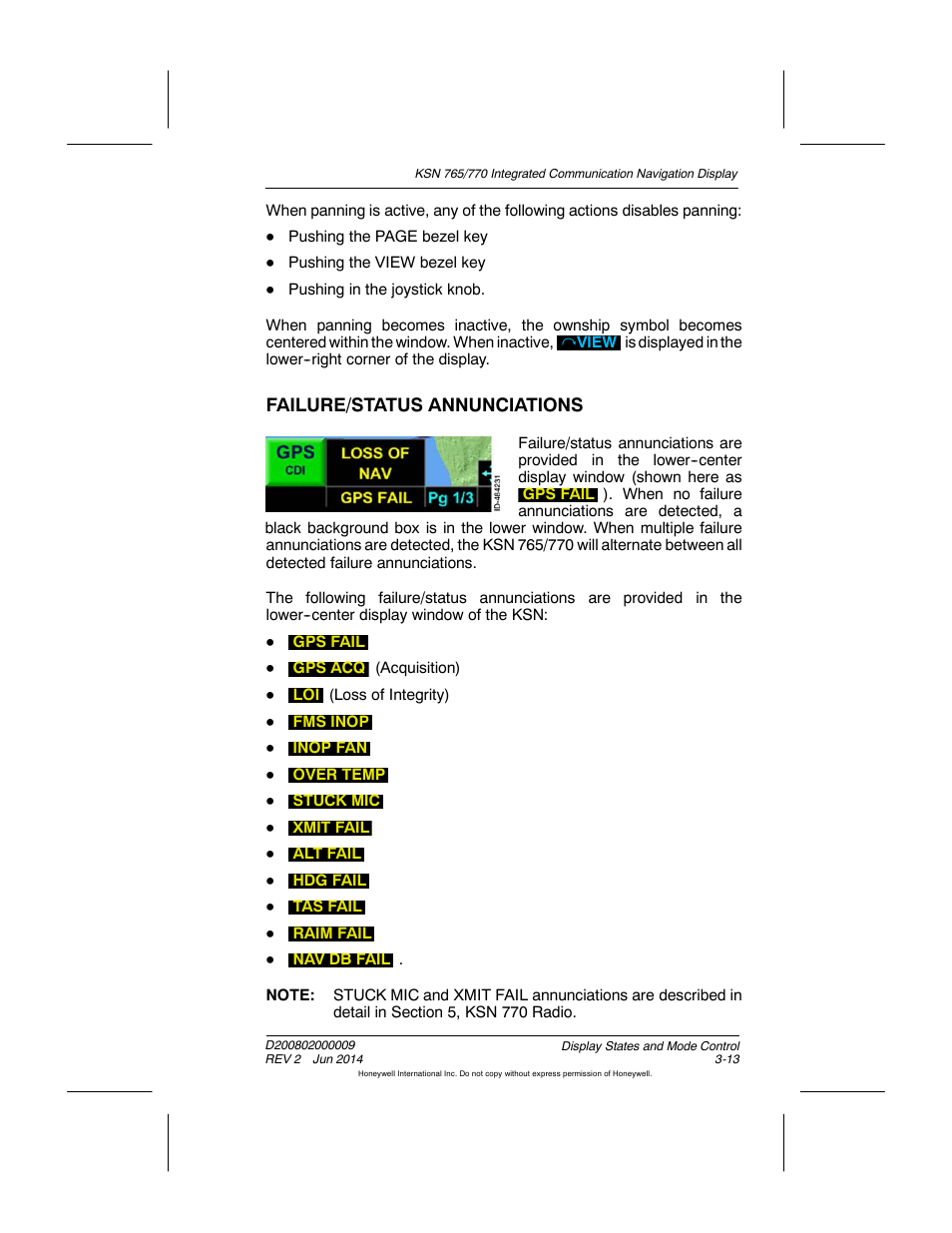 Failure/status annunciations | BendixKing KSN 770 - Pilots Guide User Manual | Page 69 / 467