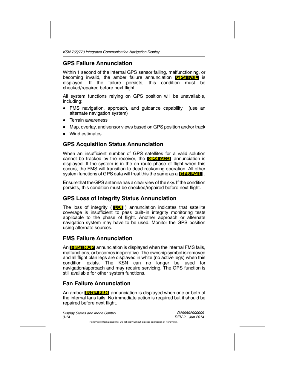 Gps failure annunciation, Gps acquisition status annunciation, Gps loss of integrity status annunciation | Fms failure annunciation, Fan failure annunciation | BendixKing KSN 770 - Pilots Guide User Manual | Page 70 / 467