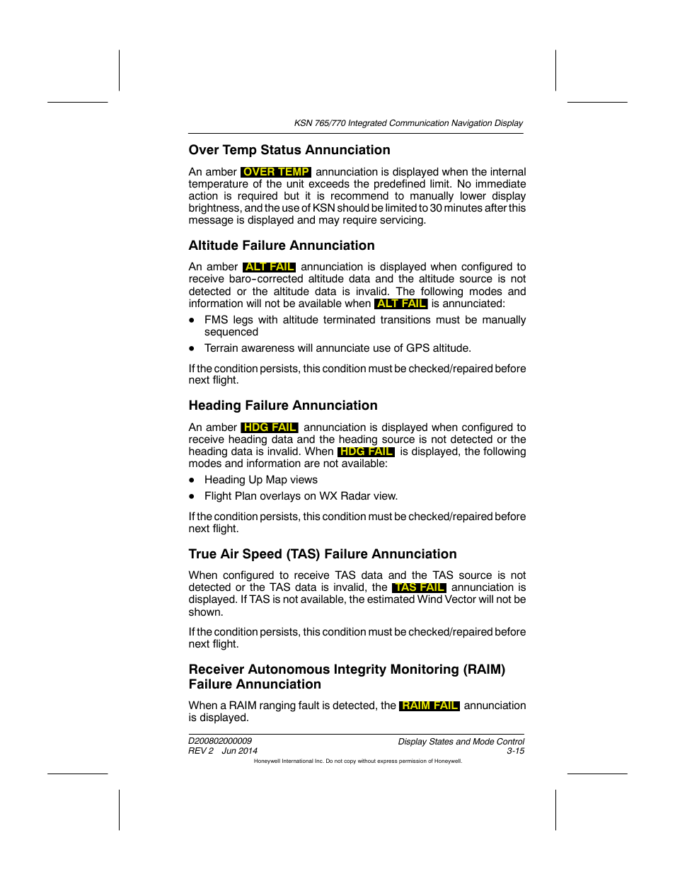 Over temp status annunciation, Altitude failure annunciation, Heading failure annunciation | True air speed (tas) failure annunciation | BendixKing KSN 770 - Pilots Guide User Manual | Page 71 / 467