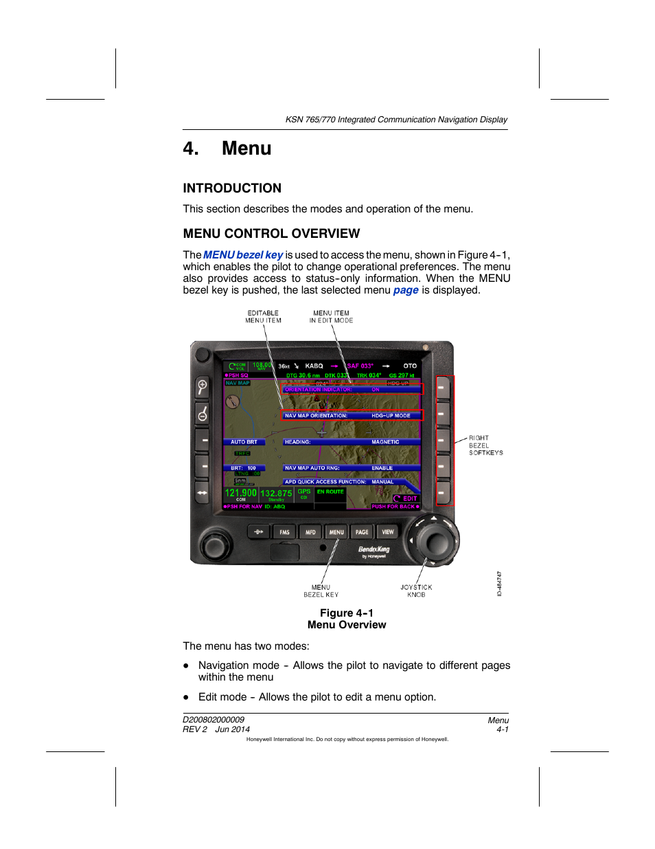 Figure 4-1 menu overview, Menu, Introduction | Menu control overview | BendixKing KSN 770 - Pilots Guide User Manual | Page 73 / 467