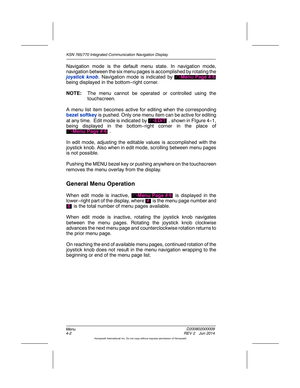 General menu operation | BendixKing KSN 770 - Pilots Guide User Manual | Page 74 / 467