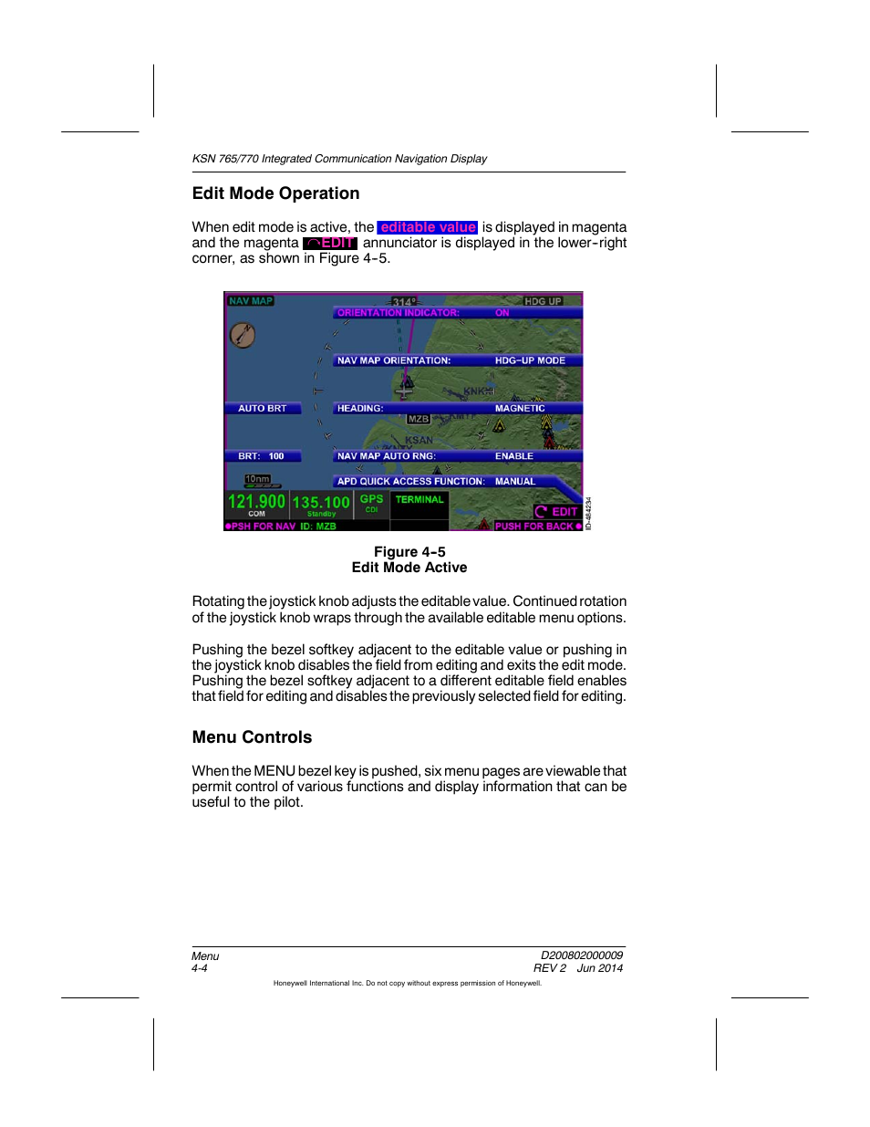 Figure 4-5 edit mode active, Edit mode operation, Menu controls | BendixKing KSN 770 - Pilots Guide User Manual | Page 76 / 467