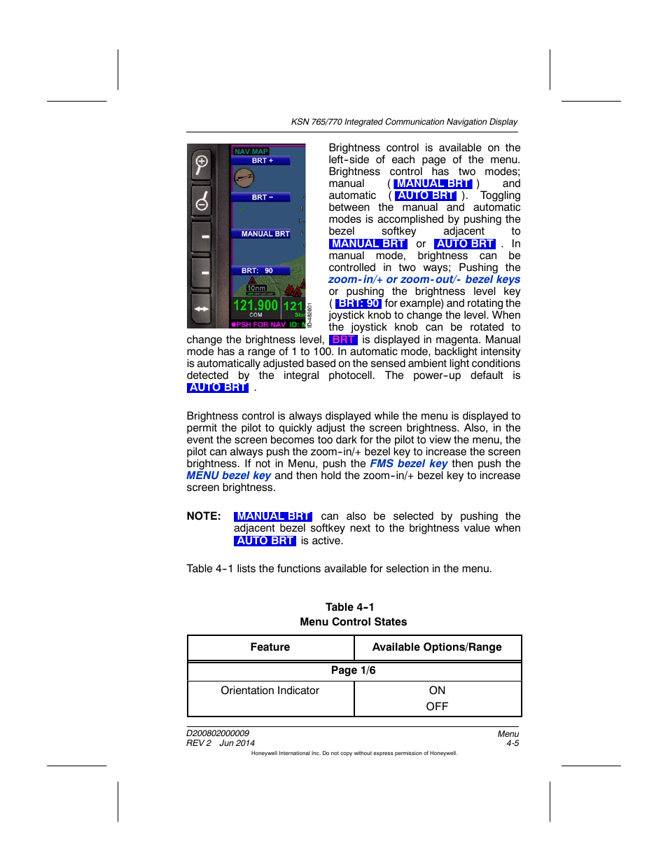 Table 4-1 menu control states | BendixKing KSN 770 - Pilots Guide User Manual | Page 77 / 467