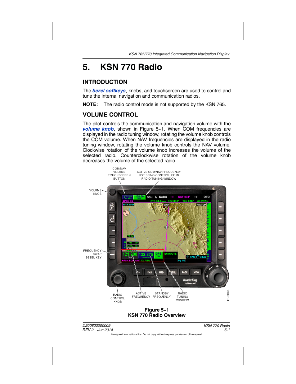 Figure 5-1 ksn 770 radio overview, Ksn 770 radio, Introduction | Volume control | BendixKing KSN 770 - Pilots Guide User Manual | Page 83 / 467