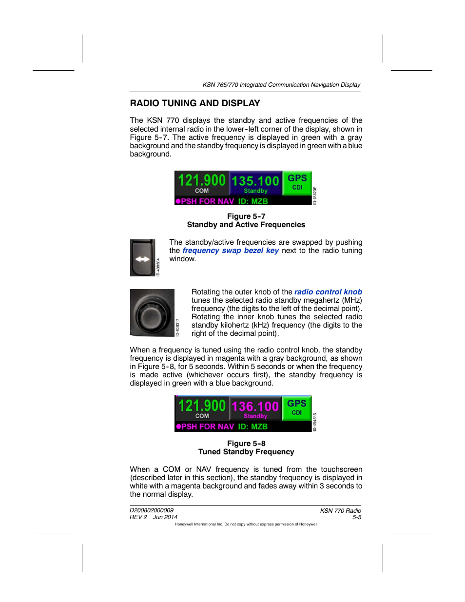 Figure 5-7 standby and active frequencies, Figure 5-8 tuned standby frequency, Radio tuning and display | BendixKing KSN 770 - Pilots Guide User Manual | Page 87 / 467