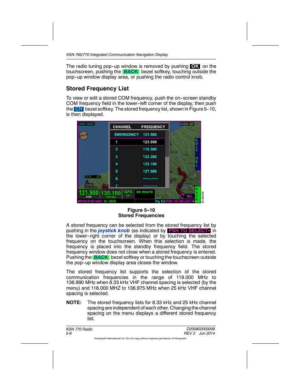 Figure 5-10 stored frequencies, Stored frequency list | BendixKing KSN 770 - Pilots Guide User Manual | Page 90 / 467