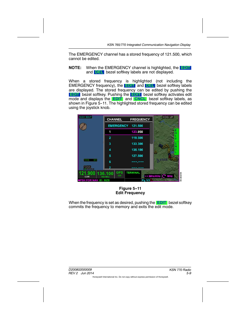 Figure 5-11 edit frequency | BendixKing KSN 770 - Pilots Guide User Manual | Page 91 / 467